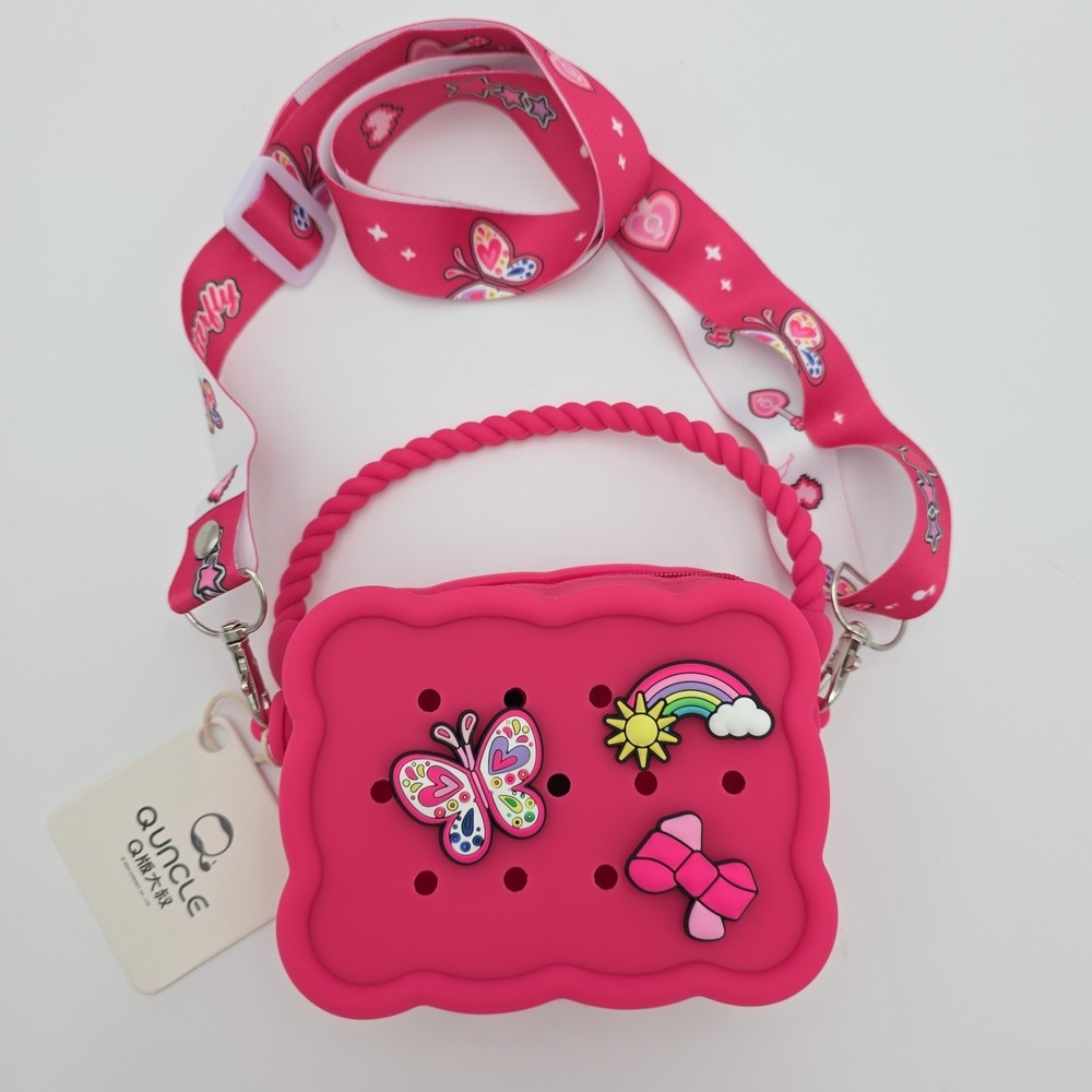 Cute & Soft! Pink Silicone Mini Bag for Girls Butterfly Rainbow Crossbody Purse